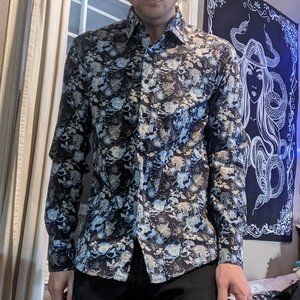 Black shirt with blue and silver flowers